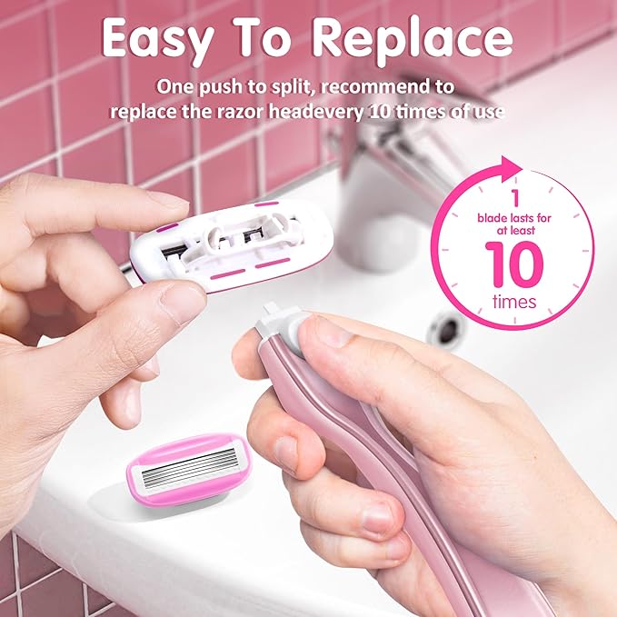 Razors for Women Include 1 Non-Slip Metal Handle and 7 Blade Refills, 5 Premium Blades Women's Razors for Shaving with 360° Lubrication Reduces Irritation, Pink