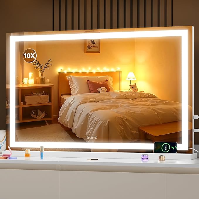 MINISO Vanity Mirror with Lights,47"x30"LED Makeup Mirror,Touch Sensor,3 Light Colors,Dimmable,Metal Frame,with 10X Magnifying Glass,Rectangular White