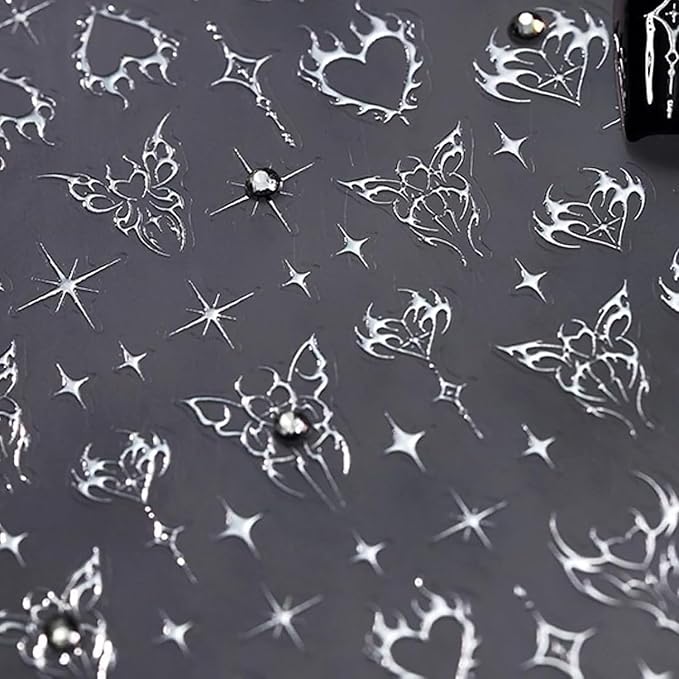 Silver Star Nail Art Stickers 5d Embossed Nail Decals for Nail Art Designs Butterfly Heart Star Nail Stickers Self Adhesive Rhinestone Nails Supplies for Women Girls DIY Manicure Accessrioss