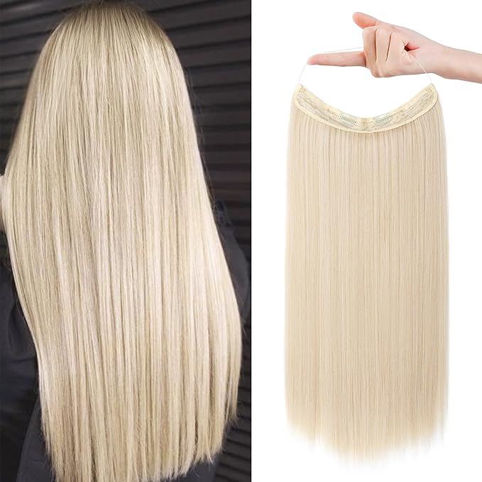 REECHO Invisible Wire Hair Extensions with Transparent Headband Adjustable Size Removable Secure Clips in Straight Secret Hairpiece for Women (12 Inch (Pack of 1), Cool Blonde)