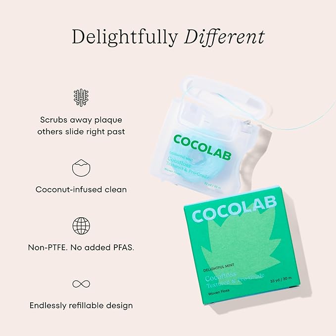 Cocolab Cocofloss Oral-Care Set, 4 Spools Dental Floss & 1 Cocoshine, Woven String Floss with Coconut Oil, Powerful Whitening Toothpaste, Dentist-Designed, Delightful Mint