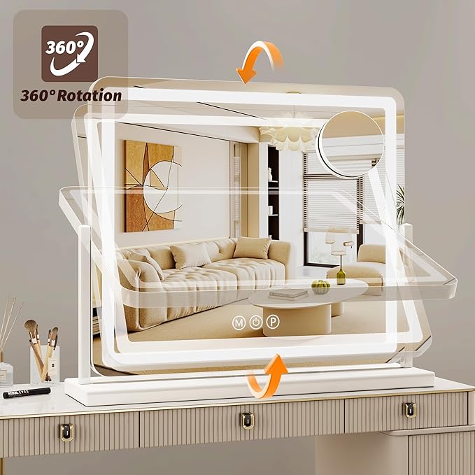 Vanity Mirror with Lights, 24"x20" Hollywood Lighted Makeup Mirror for Tabletop & Bedroom 3 Color Lighting Modes Smart Touch Control 360° Rotation Detachable