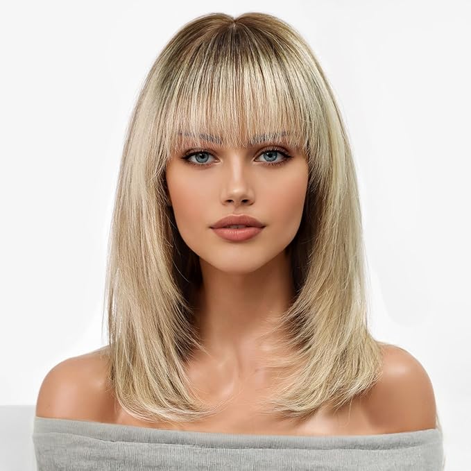 KKU 16 Inch Ombre Blonde Brown Human Hair Wigs for Women,Layered Straight Hair Wig with Bangs,Wear Natural Realism