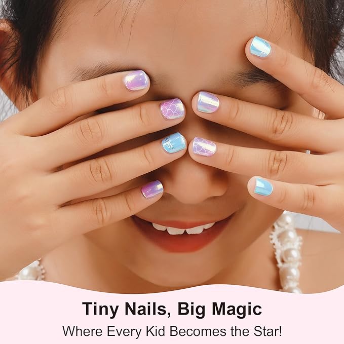 DANNI & TONI Kids Gel Nail Strips Mermaid Crown Blue Purple Aurora Ombre Salon-Quality Peel & Stick Manicure for Children (Age 6+)– Safe, Long-Lasting, Easy to Apply |Mermaid Glimmer