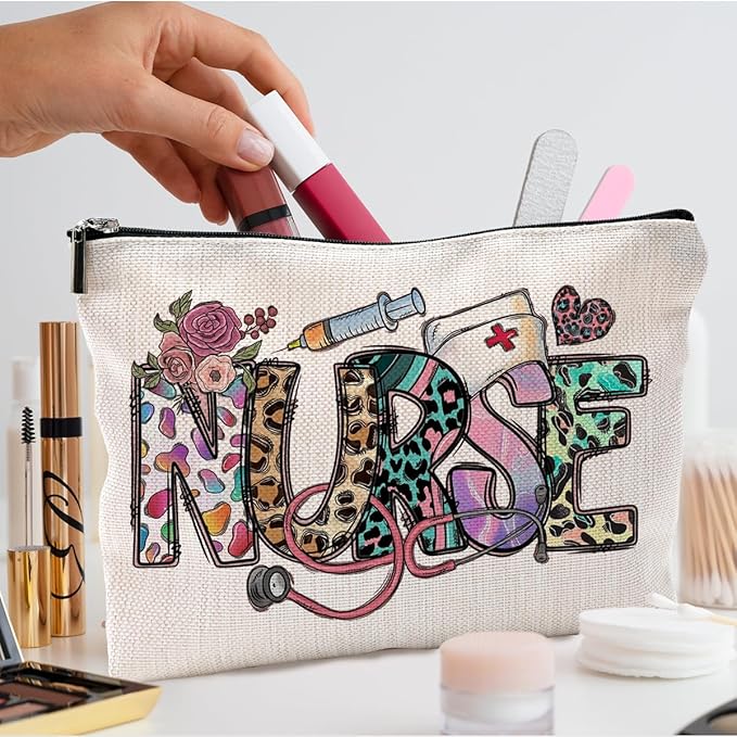 QGFM Nurse Makeup Bags,Nurse Gifts for Women,Nurse Cosmetic Bags With Zipper,Nurse Gifts for Nursing Student,Student Nurse Gifts(White)