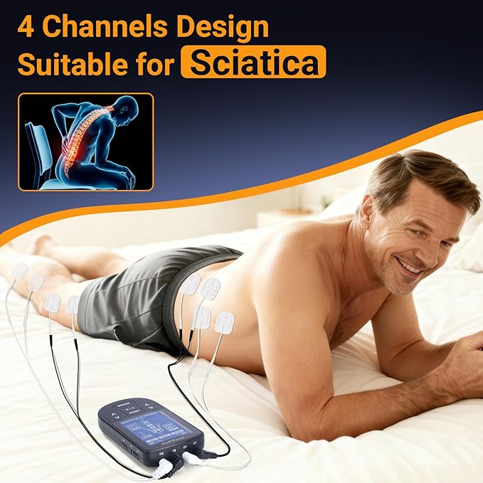 Comfytemp 4 Outputs TENS Unit for Sciatica Cover Multiple Parts, FSA HSA Eligible Rechargeable EMS&Massage TENS Unit Muscle Stimulator for Pain Relief with 24 Modes and DIY for Back, Shoulder, Neck
