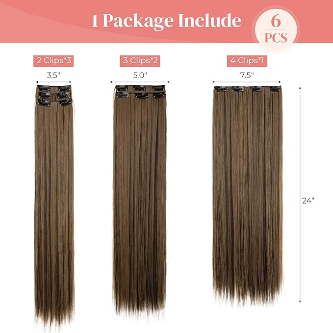 LONAI Clip in hair extensions 6PCS Straight 24" Hair Extensions for Women，Heat Resistant Synthetic Hairpiece-Black Brown with Highlights