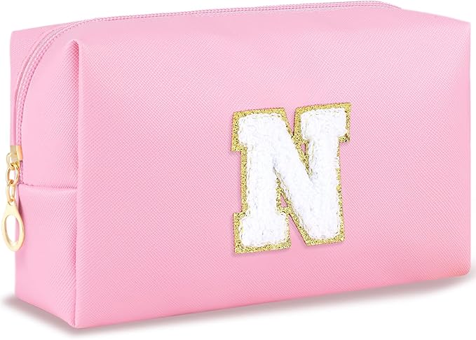URSKYTOUS Initial Makeup Bag Personalized Preppy Travel Small Cosmetic Bag Cute PU Pink Chenille Letter Makeup Pouch for Purse Waterproof Zippered Toiletry Organizer for Women Girls Kids Friends (N)