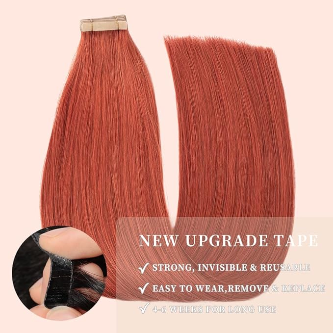 Tape in Hair Extensions Human Hair Copper Remy Hair Extensions 20pcs 14 Inch Straight Invisible Human Hair Tape in Extensions Skin Weft Tape Extensions Human Hair (350#,14 Inch)