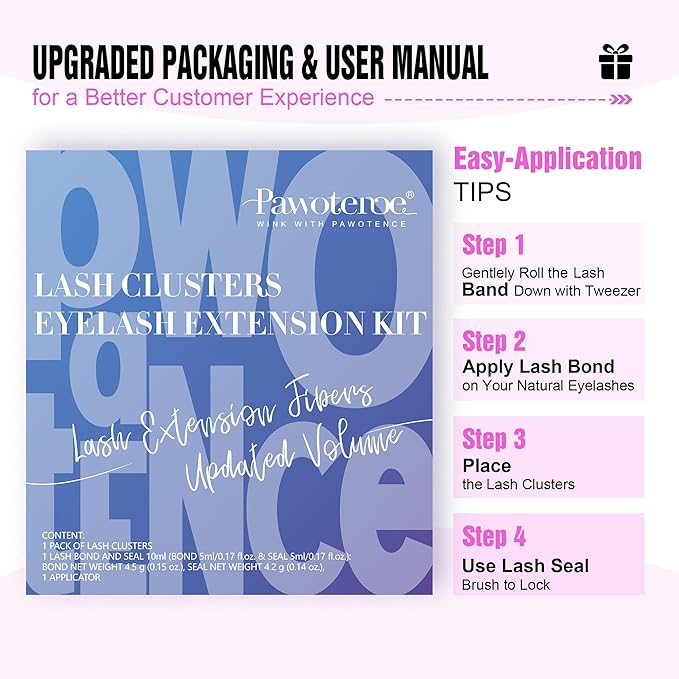 Pawotence Lash Extension Kit DIY 280pcs Individual Lash Clusters Kit 50D 9-16mm Cluster Eyelash Extensions Kit with Lash Bond and Seal, Lash Tweezers for Self Application (50D, 0.07D, 9-16mm, Kit)