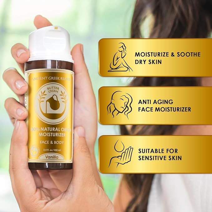 Ancient Greek Remedy Organic Face Moisturizer for Dry Skin - Anti Aging Face & Body Butter Cream - Almond, Jojoba, Olive, Rosehip, Vanilla, Vitamin E Oil. Natural Lotion for Women & Men 3.4 oz