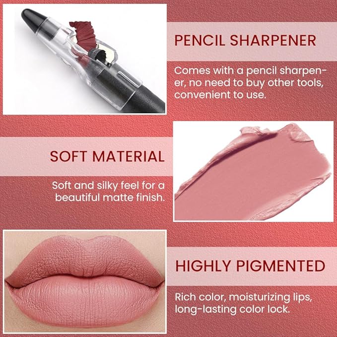 JUAAZIN Nude Pink Matte Lip Liner Crayon with Sharpener - Waterproof Smudgeproof Long-Wear Lip Pencil, Creamy Pigmented Lip Crayon for Women, 12HR Stay Silky Velvet Lip Liner 17#
