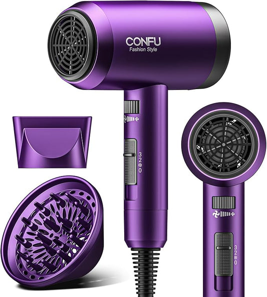 Hair Dryer with Diffuser, CONFU Ionic Blow Dryer 1600W, Portable Lightweight Fast Drying Negative Ion Hairdryer, 3 Heat Settings with Diffuser and Concentrator Nozzle for Home & Travel