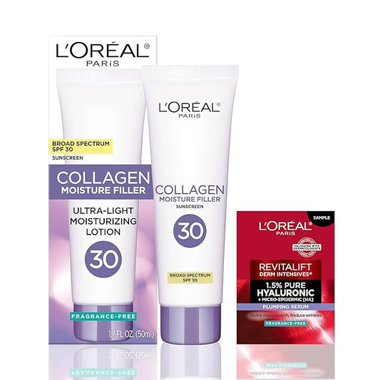 L'Oreal Paris Collagen Moisture Filler Face Cream with Broad Spectrum SPF 30, Anti-Aging Face Moisturizer and Daily Sunscreen For Face, Includes Face Serum Sample, Clear