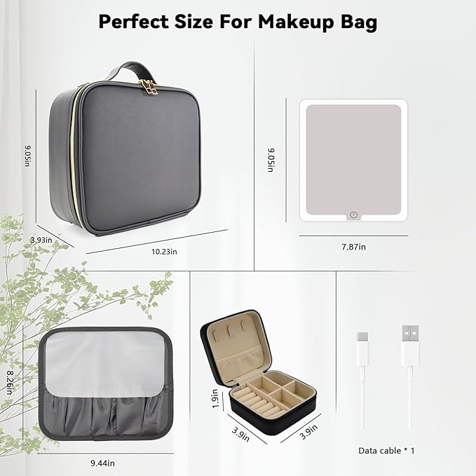 SLUMAZI Travel Makeup Bag with LED Mirror with 3 Lighted Settings, Adjustable Dividers, Makeup Brush Storage Bag and Jewelry Case Black