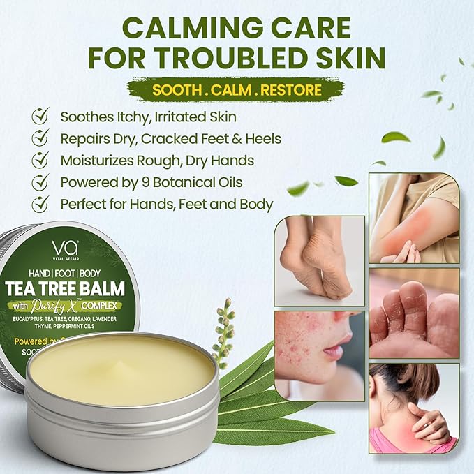 VITAL AFFAIR Tea Tree Oil Balm – Soothing Care for Rashes, Athlete’s Foot, Jock Itch, Bug Bites, Folliculitis, Cracked Feet, Dry, Flaky, Irritated Skin – For All Ages & Sensitive Skin - 2 oz