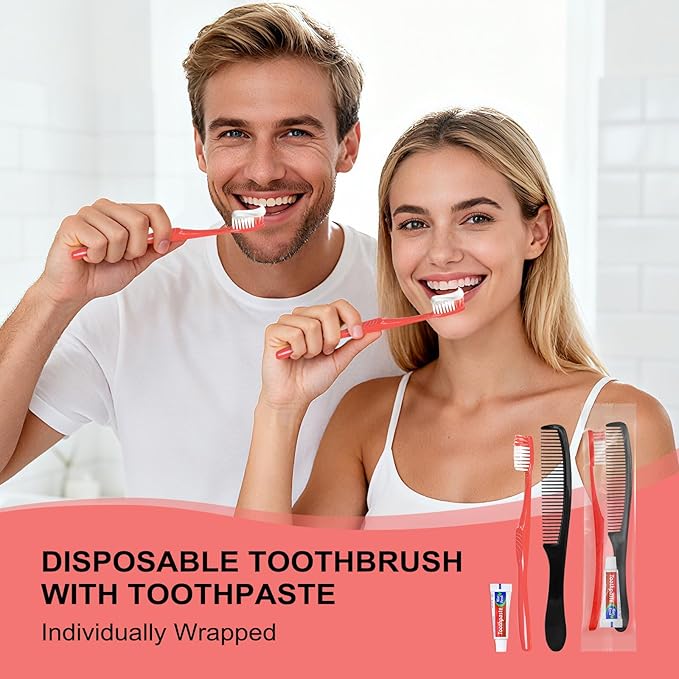 Red Disposable Toothbrushes with Toothpaste and Comb - Pack of 30,Individually Wrapped Single Use Travel Toothbrushes Kit Bulk for Homeless,Guests,Hotel