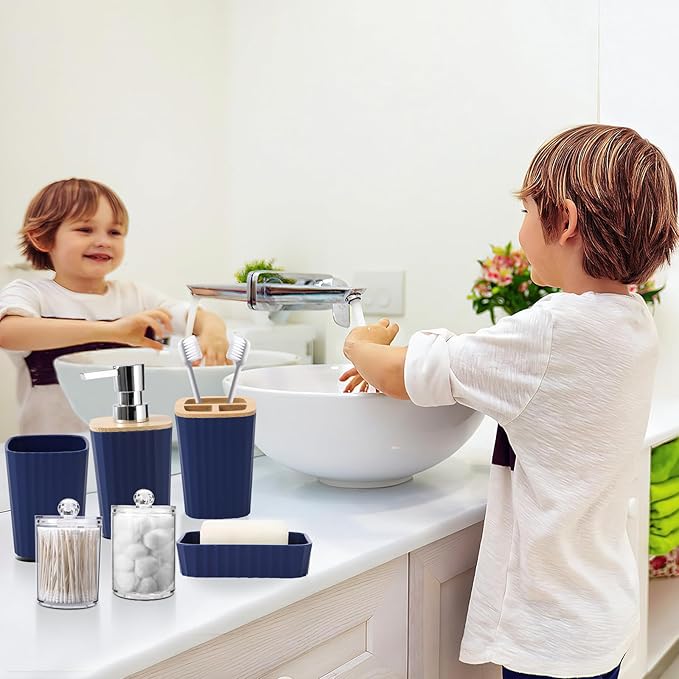 XLHOMO Navy Blue Bathroom Accessories with Bath Towels Ombre Shower Curtain, Blue Bathroom Setwith Trash Can,Toothbrush Holder,Toothbrush Cup,Soap Dispenser,Soap Dish,Toilet Brush and Qtip Holders