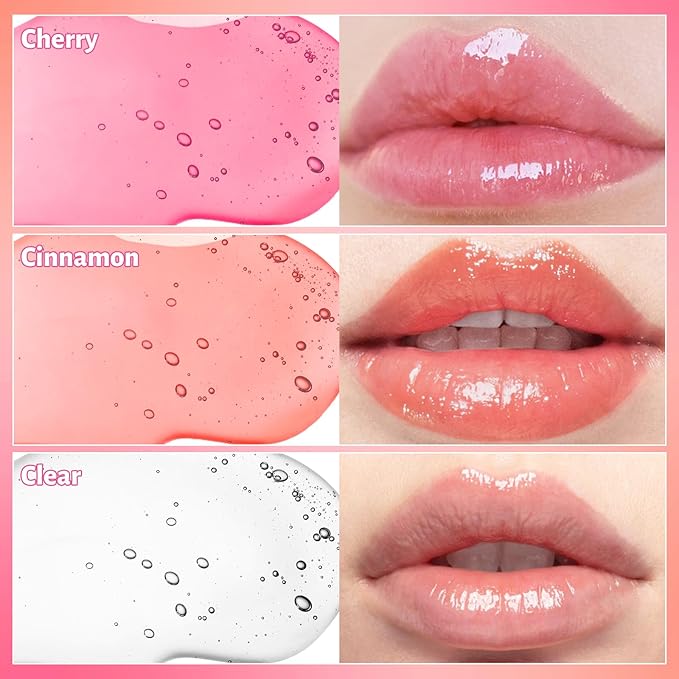 UCANBE 3 Color Hydrating Lip Glow Oil - Natural Plumping Lip Oil (Clear/Cinnamon/Cherry), Luxurious Non-Sticky Mositurizing Lip Top Gloss for All-Day Wear and Comfort…