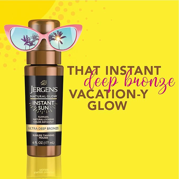 Jergens Natural Glow Instant Sun Body Mousse, Self Tanner for Ultra Deep Bronze Tan, Sunless Tanning Body Bronzer, Natural Looking Fake Tan, 6 Oz