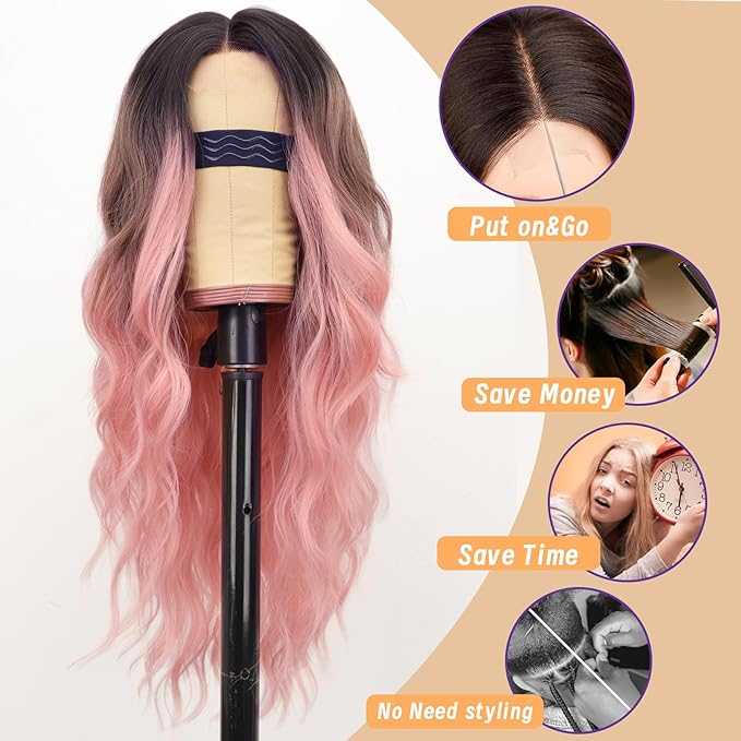 AISI HAIR Ombre Pink Wig for Women, Long Wavy Lace Hairline Middle Part Synthetic Heat Resistant Wig for Daily Party-26 Inch