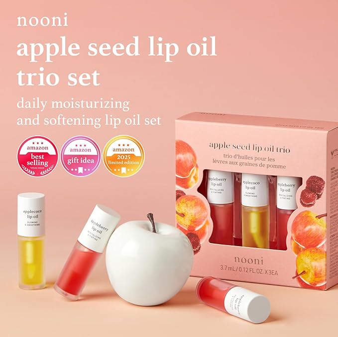 NOONI Korean Hydrating Lip Oil Gift Set - Appleseed Lip Oil Trio, Tinted Lip Care, Hydrating, Lip Plumping, Long Lasting Moisture, Korean Vegan Makeup for Women, 0.12 Fl Oz x 3ea