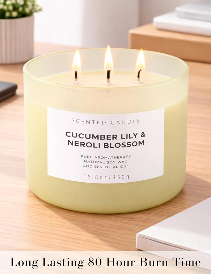 Cucumber Lily & Neroli Orange Blossom 3-Wick Soy Scented Candle, 15.8 oz | Spa Fresh Aromatherapy Candle | Large Scented Candle for Home, Long Lasting & Clean Burning