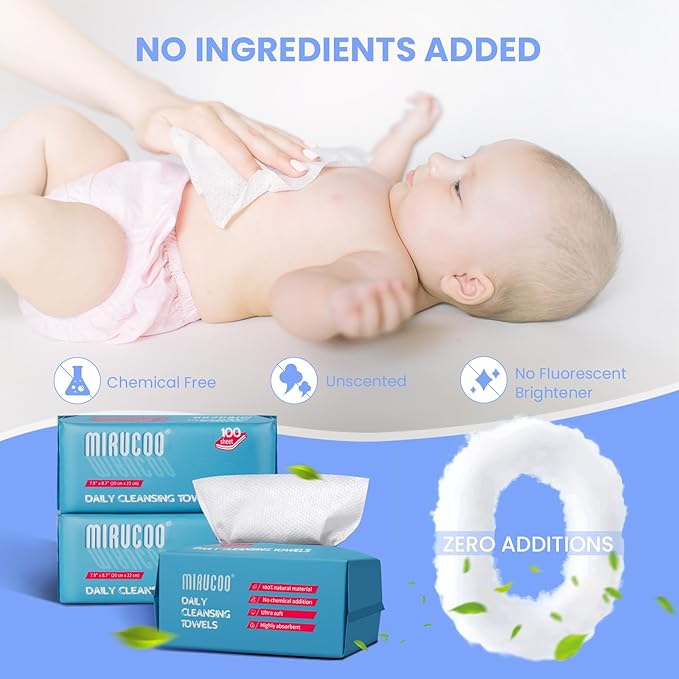 Mirucoo 100 Sheet Daily Cleansing Towels Ultra Soft Dry Wipes for Sensitive Skin Disposable Facial Washcloths 100% Organic Viscose (Pack of 6)