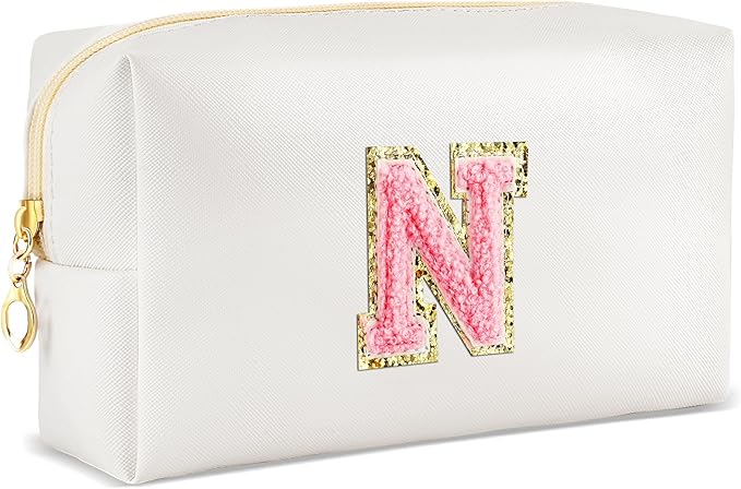 URSKYTOUS Initial Makeup Bag Personalized Preppy Travel Small Cosmetic Bag Cute PU White Chenille Letter Makeup Pouch for Purse Waterproof Zippered Toiletry Organizer for Women Girl Kid Friends(N)