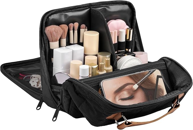 MOKURA Travel Makeup Bag for Women, Large Capacity Standing Make up Pouch, Quilted Waterproof Cosmetic Organizer with Jewelry Compartments, Portable Toiletry Case, Gifts for Women, Black