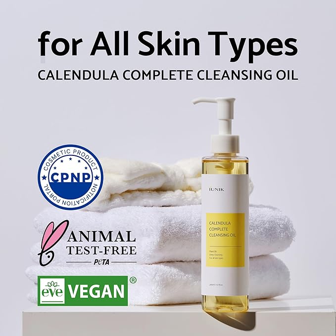 IUNIK Calendula & Jojoba Oil-Infused Vegan Cleansing Oil – Gentle Blackhead Melting & Makeup Remover Facial Cleanser w/Plant-based Oils Korean Skincare