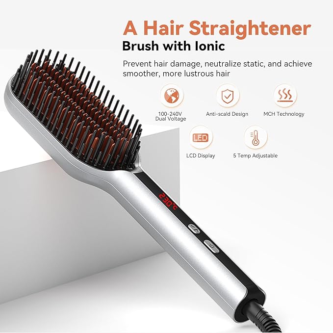 Upgraded Ionic Hair Straightener Brush for Women, Compact Wave-Design Bristles Hot Comb, Fast & Smooth Styling, Lightweight Double Voltage 120-240V Flat Iron Brush for Travel, Orange-Silver