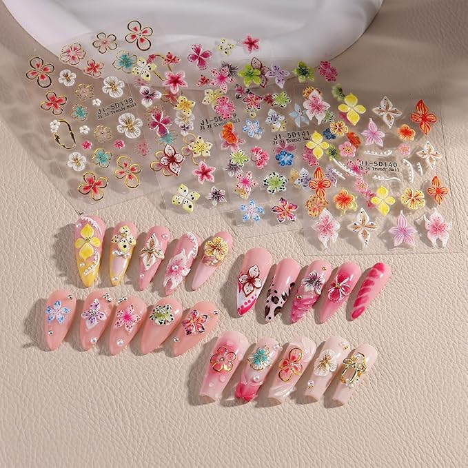4 Sheet Flower Nail Art Stickers 5D Embossed Nail Decals Spring Nail Flower Stickers Colorful Floral Nail Art Design Gold 3D Self-Adhesive Acrylic Nails Art Supplies for Women Girls