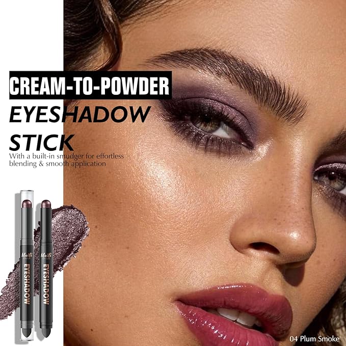 Dual-Ended Smoke Plum Eyeshadow Stick - Long-Lasting Shimmer Cream Eye Shadow Stick Crease-Proof Metallic Eyeshadow Pencil, Multi-Use Eye Highlighter Makeup with Built-in Smudger, 04