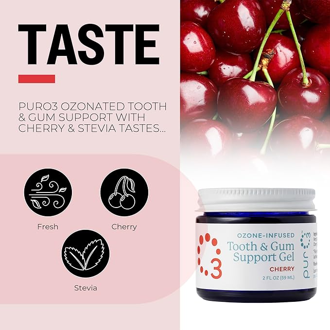 PurO3 Ozone Tooth & Gum Support – Ozonated Organic Olive Oil & Essential Oils for Complete Oral Care & Fresh Breath, Natural Fluoride-Free Solution for Deep Cleaning, Sweet Cherry, 2 Fl Oz Gel