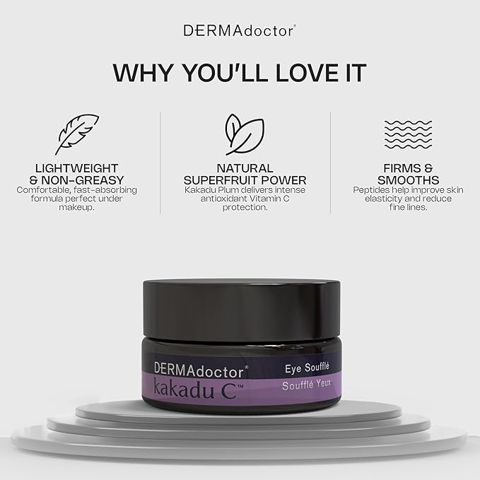 DERMAdoctor Vitamin C Eye Cream with Vitamin E – Caffeine Under Eye Cream for Dark Circles, Puffiness, Bags, Eye Fatigue, Wrinkles & Dehydration, Anti-Aging Eye Moisturizer Soufflé - 0.5 Fl oz