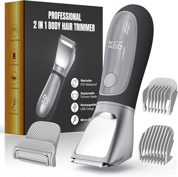 Bikini Trimmer for Women Men, 2 in 1 Electric Razors Shaver, IPX7 Waterproof Body Hair Trimmer with Mirror, LED Light & Display, Painless Pubic Hair Removal, Silver