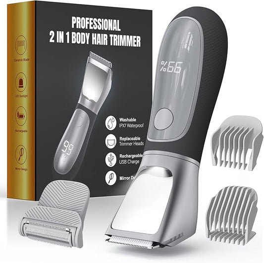 Bikini Trimmer for Women Men, 2 in 1 Electric Razors Shaver, IPX7 Waterproof Body Hair Trimmer with Mirror, LED Light & Display, Painless Pubic Hair Removal, Silver