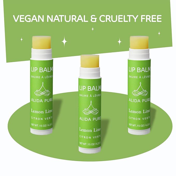 ALIDA PURE Lemon Lime Lip Balm Collection, Vegan Set, Bees Wax Free, Organic Jojoba and Avocado Oil, Vitamin E, Moisturizer For Dry Cracked Lips, 3 Tubes of Lip Balm per Set
