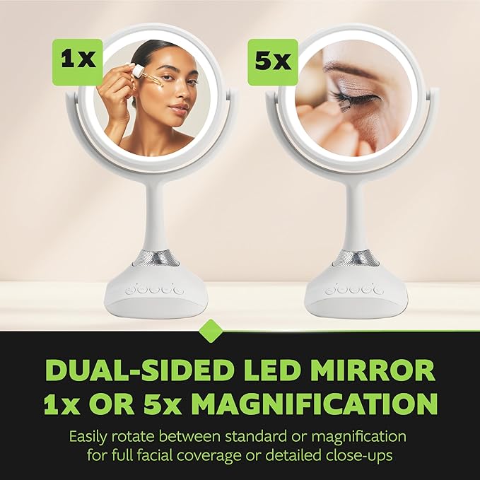 Homewerks 76-101-BT 7.5-inch Personal Makeup Mirror with Bluetooth Speakers and LED Lighting, Handheld Bluetooth Vanity Mirror with Lights for Bathrooms, Bedrooms, or Dorm Room Essentials