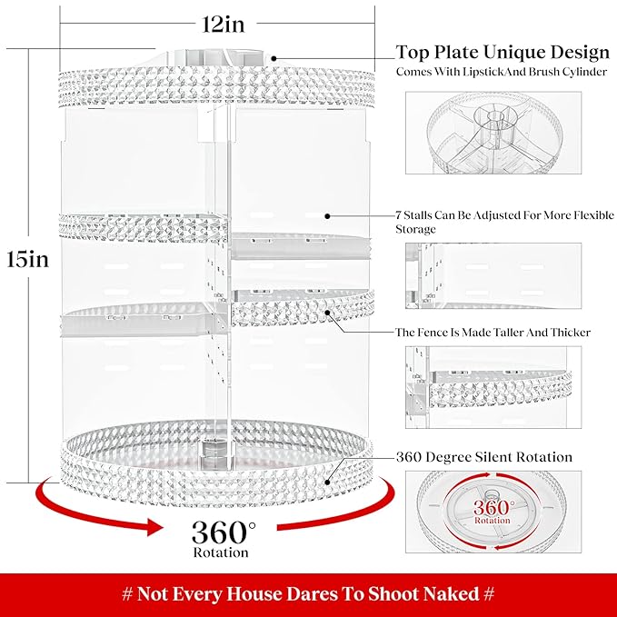 360 Rotating Makeup Organizer Countertop, Clear Acrylic Large Perfume Organizer, Organizador De Perfumes, 7 Layers Make Up Organizer and Storage Fits for Vanity and Bathroom - X-Large Clear