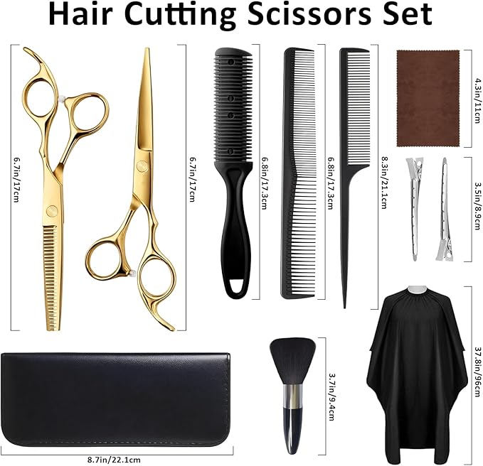 Hair Cutting Scissors Shears Kits, Barber Hair Cutting Scissors Thinning Shears Sharp Blades Hairdresser Haircut for Women/Men/Kids,and Home Use Premium 12 Pcs Professional Hairdressing Scissors