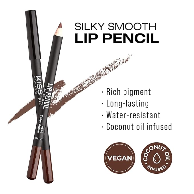 KISS New York Professional Slim Lip Pencil, Creamy Soft Lip Liner, Smooth Long-Lasting Rich Lip Color, Natural Lip Makeup, Water-Resistant Lip Crayon (Coffee Brown)