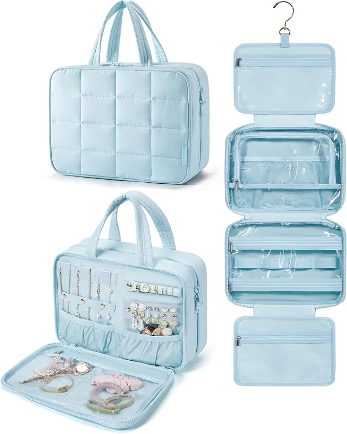 BAGSMART Travel Toiletry Bag with Jewelry Organizer, Hanging Travel Bag for Toiletries, Puffy Makeup Cosmetic Bag Organizer, Carry-on Travel Accessories Essentials, Light Blue-L