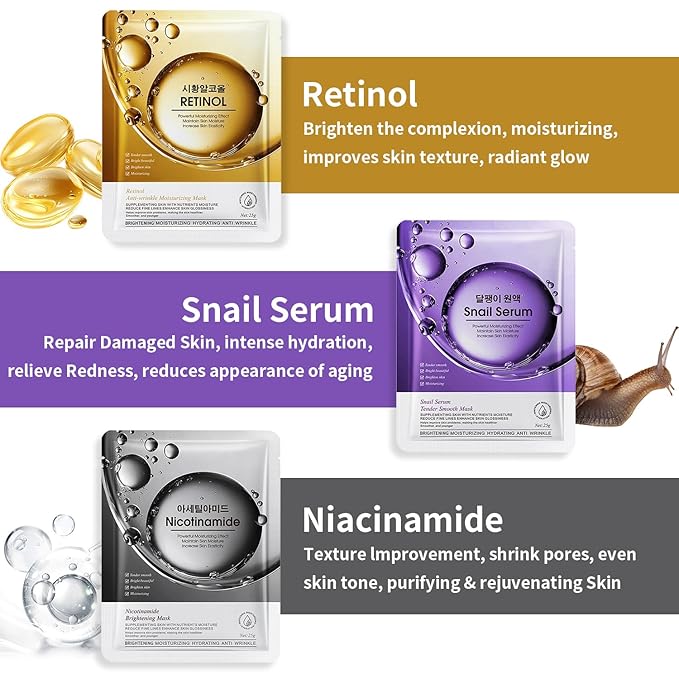 12 Pack Sheet Face Masks Skincare, Collagen Face Mask Hyaluronic Acid Hydrating Face Sheet Masks, Vitamin C Face Masks for All Skin Types, Moisturizing, Brightening, Anti-Aging, Valentine's Day Gift