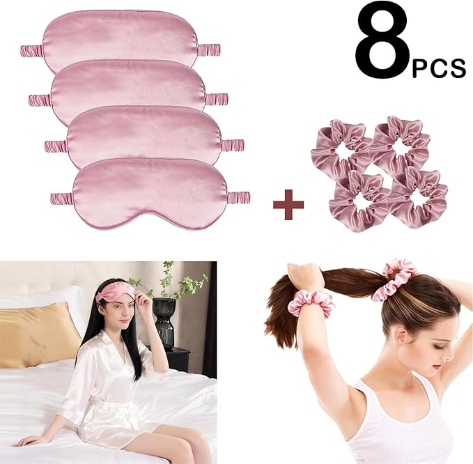 Satin Eye Mask 8Pcs Silk Sleep Masks Silky Blindfold Eyeshade Blackout Eyes Cover Scrunchies Hair Ties Travel Wedding Gifts