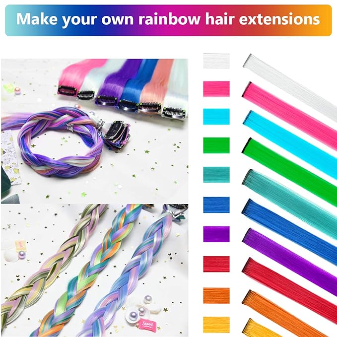 Colored Hair Extensions 10 PCS, Colorful Clip in Synthetic Hair Extensions Party Highlights, Rainbow Long Straight Hairpieces for Girls Women Cosplay Gifts(22 Inch)