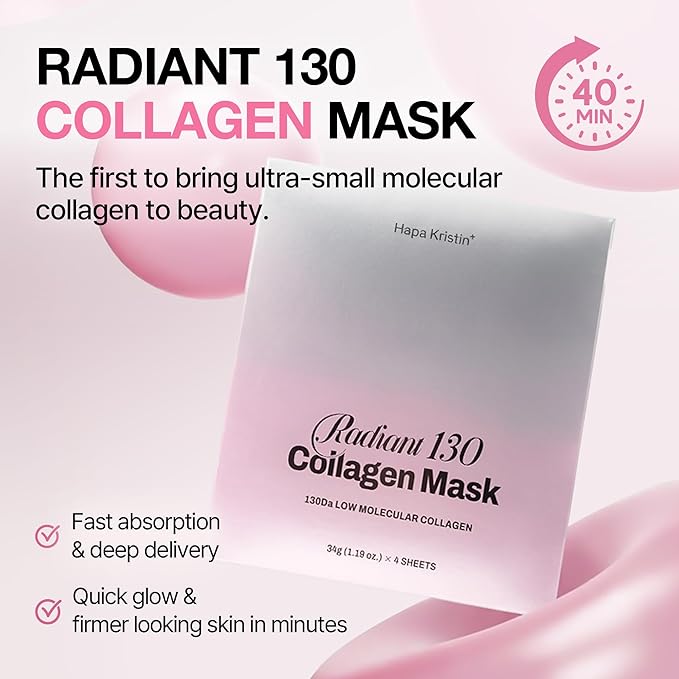 HAPA KRISTIN Radiant 130 Collagen Mask | Korean collagen mask with Bakuchiol & Peptide, for Mature&Dehydrated Skin, 4EA, Hydrating, Elasticity, Firmness, Low Irritation Anti Aging