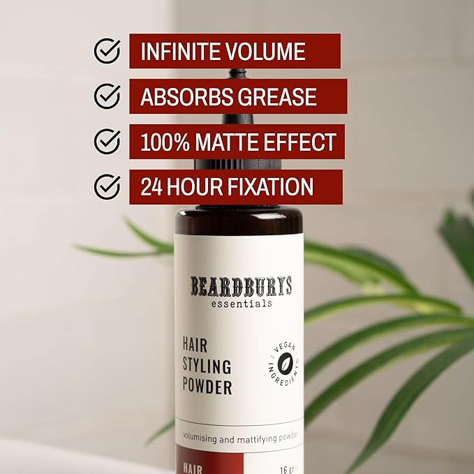 Beardburys Essentials Hair Styling Powder for Men, Volume & Texture Powder for Hair with Matte Effect, Natural & Vegan, 24h Hold, Leaves No Residue, Polvo Texturizador para Hombres, 0.56 Oz - 16g