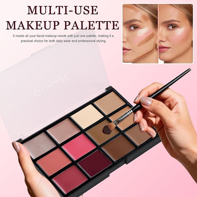 O'CHAIN 12 Colors Cream All in One Face Palette Set, Contour Blush Highlighter Makeup Palette Kit, Long Lasting, Beauty Gift for women, Ideal for Valentine's Day and Festival